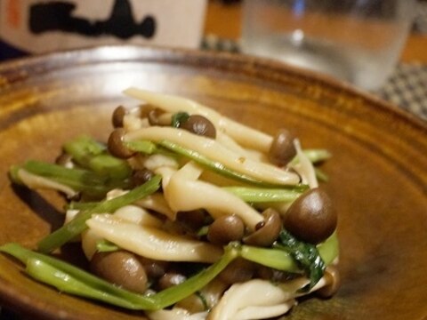 おうち居酒屋、しめじと空芯菜のもろみ炒め